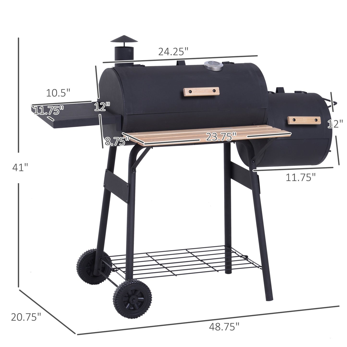 आउटसनी 48' स्टील पोर्टेबल बैकयार्ड चारकोल BBQ ग्रिल और ऑफसेट स्मोकर कॉम्बो