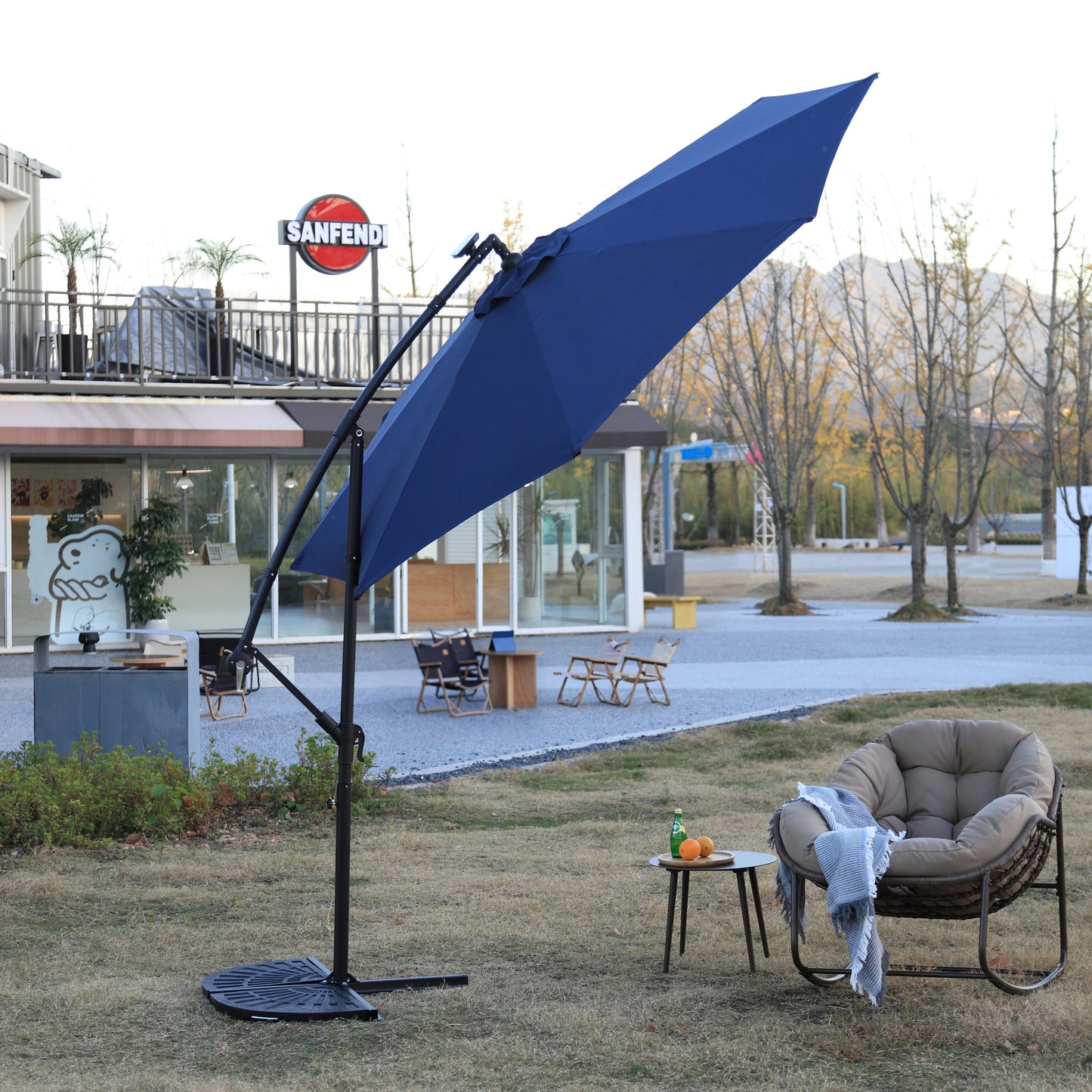 10ft Solar LED Offset Hanging Market Patio Umbrella - Navy Blue