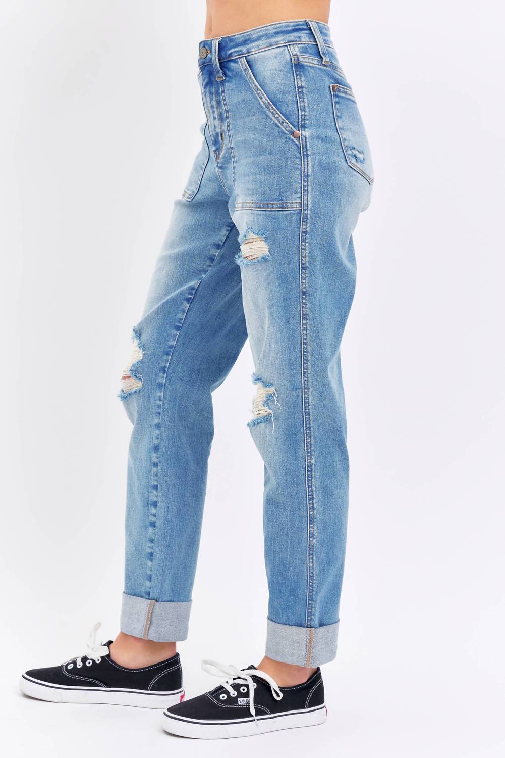 Judy Blue - High Waisted Distressed Boyfriend Jeans With Patch Pocket