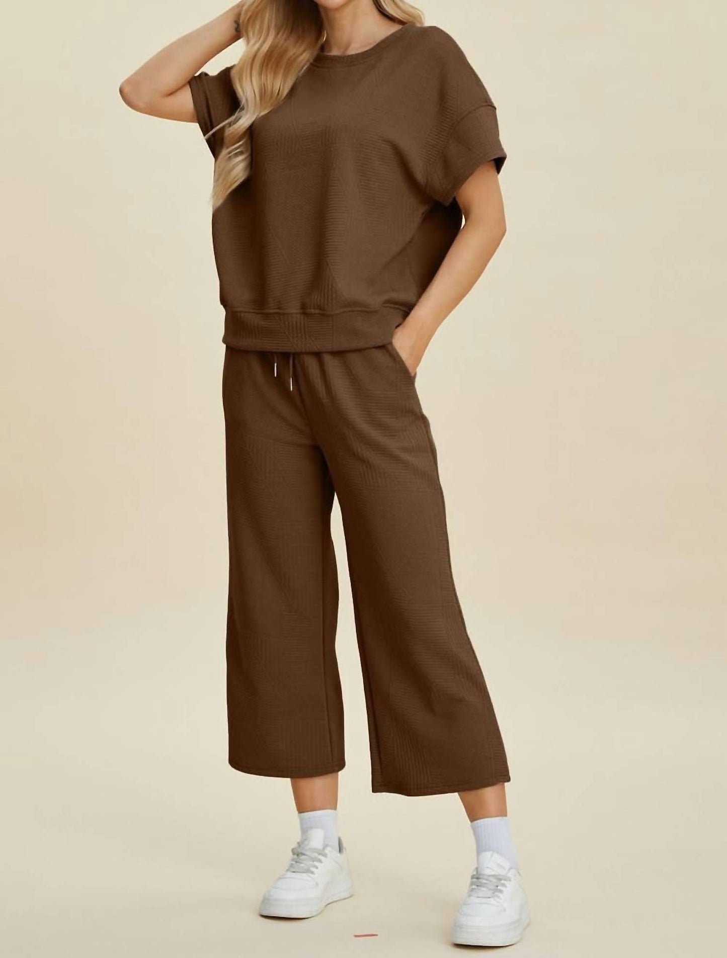 Double Take - Texture Top And Pants Set