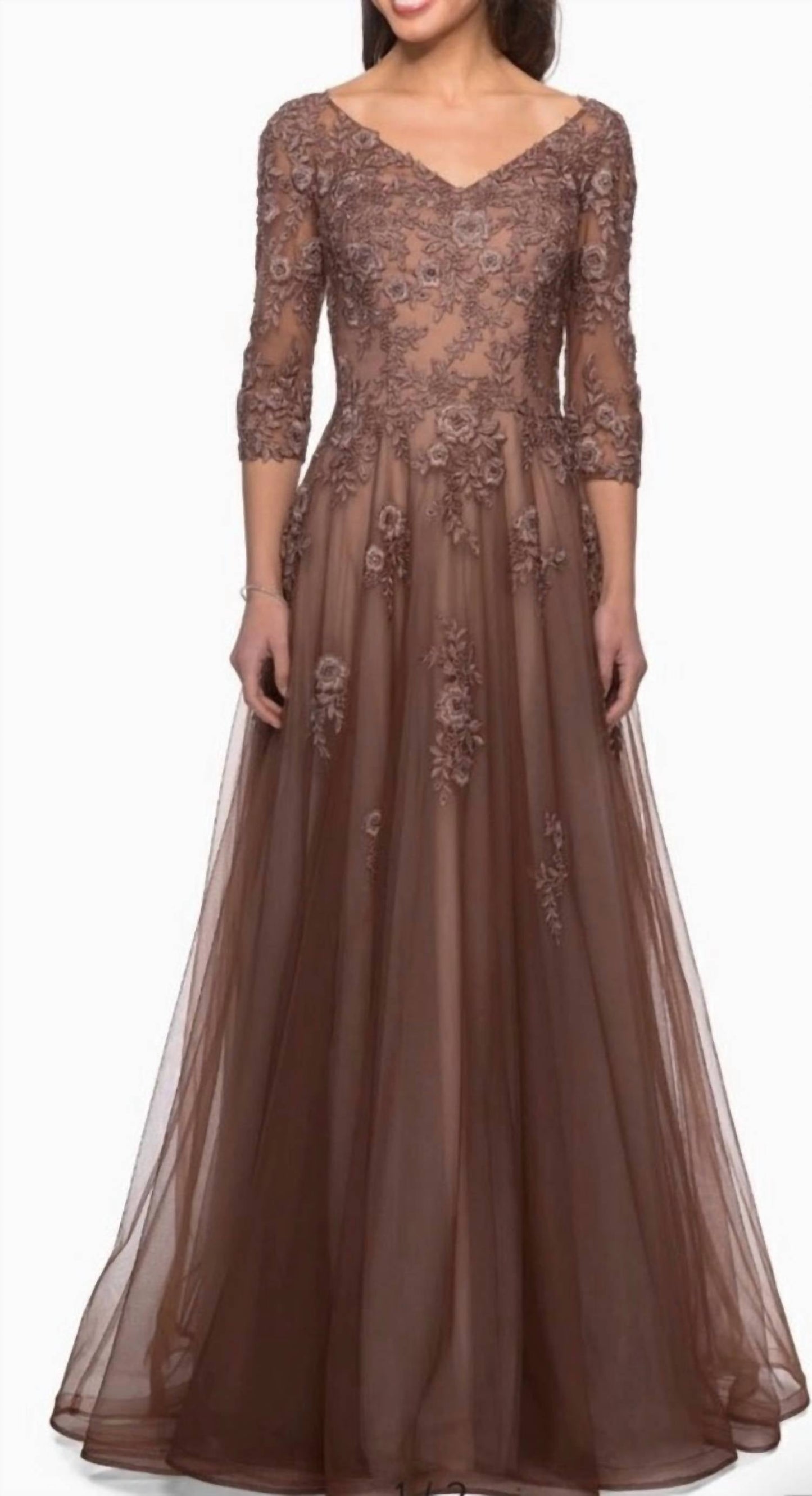 La Femme - Women's Sleeve Floral Appliqué Gown
