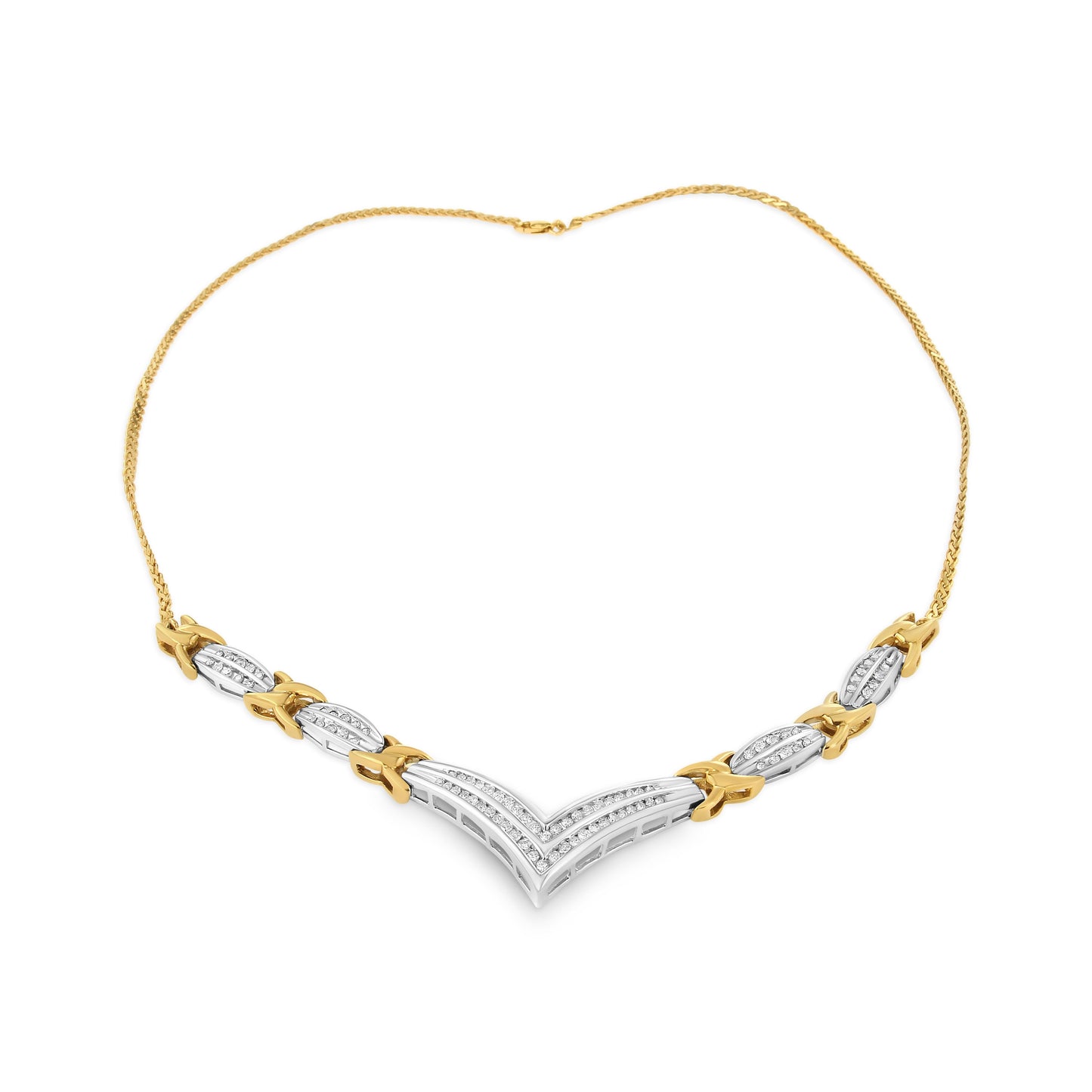 10K Yellow and White Gold 1.0 Cttw Round and Princess cut Diamond "V" Shape Statement Necklace (I-J Color, I1-I2 Clarity)
