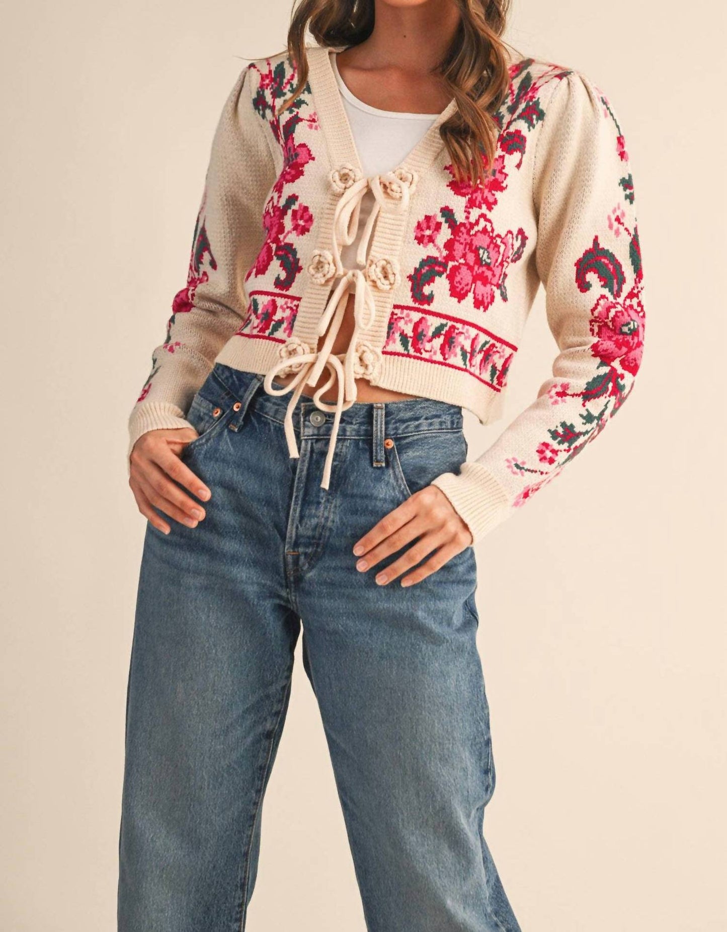 &Merci - Floral Knit Tie-front Sweater Cardigan