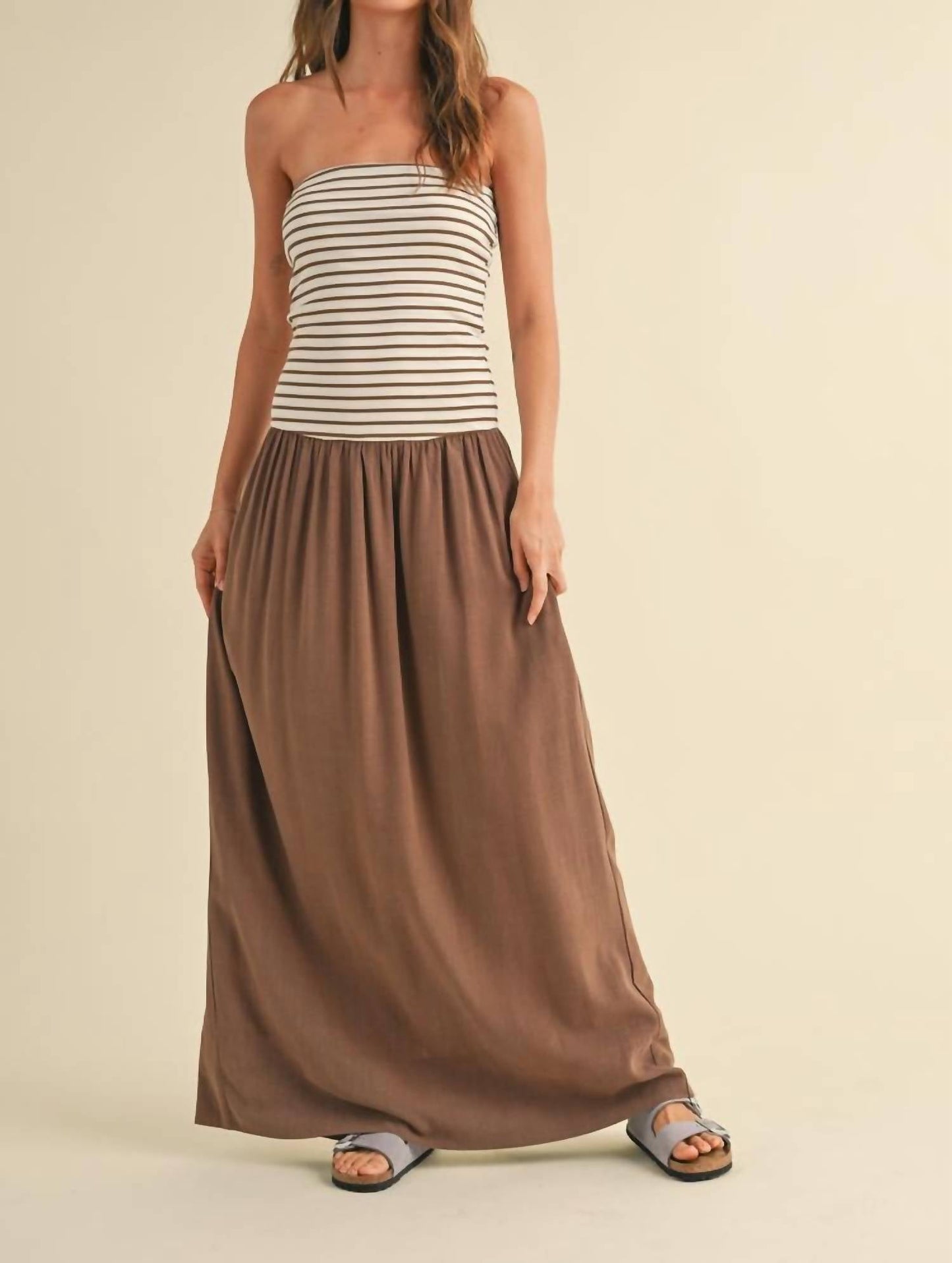 Miou Muse - Stripe Ribbed Top With Linen Dress