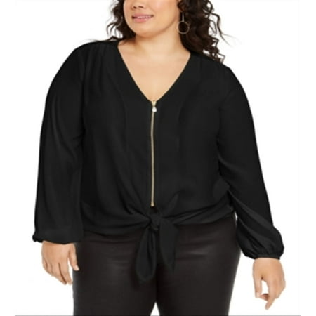 womens-plus-size-pebble-crepe-tie-front-top-black