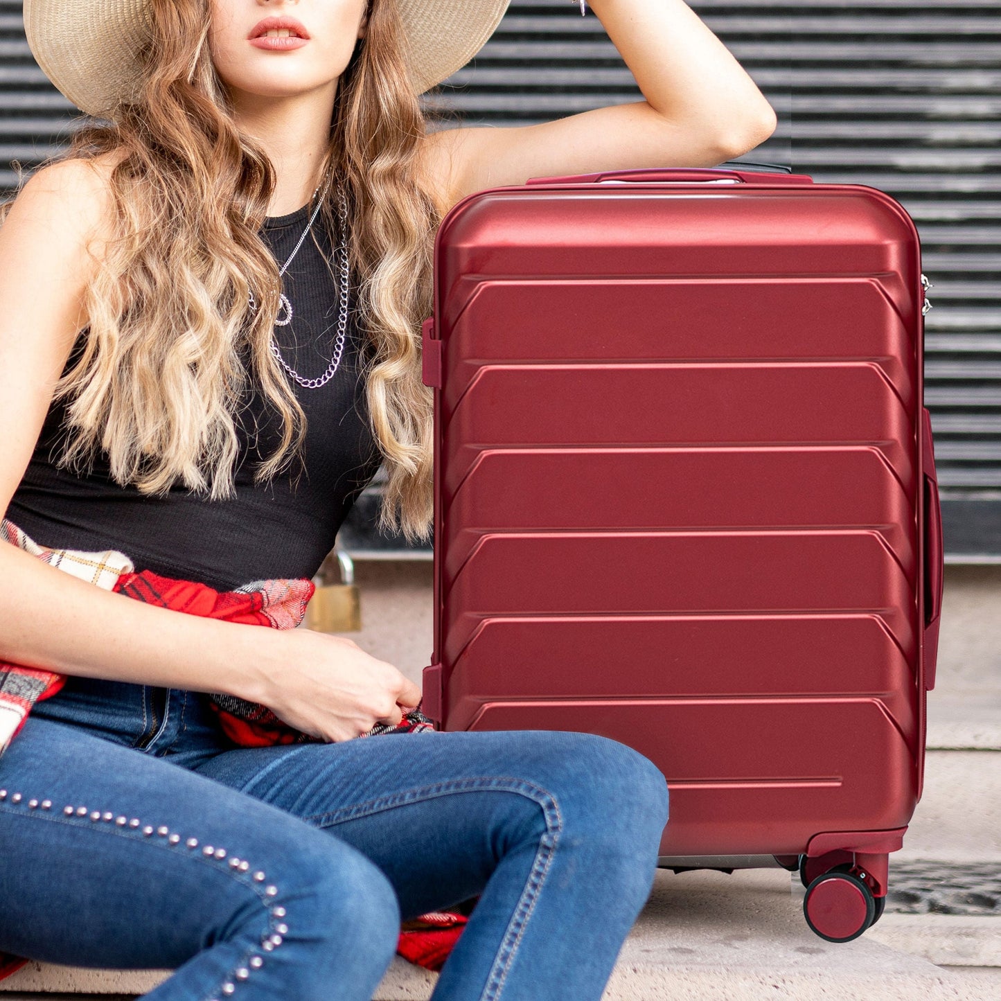 Set 3PCs 20'/24'/28' ABS Spinner Wheel Luggage Wine Red