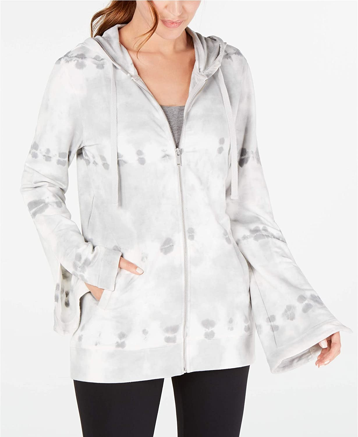 Ideology Women's Tie-Dyed Bell-Sleeve Hoodie Grey Size Extra Small
