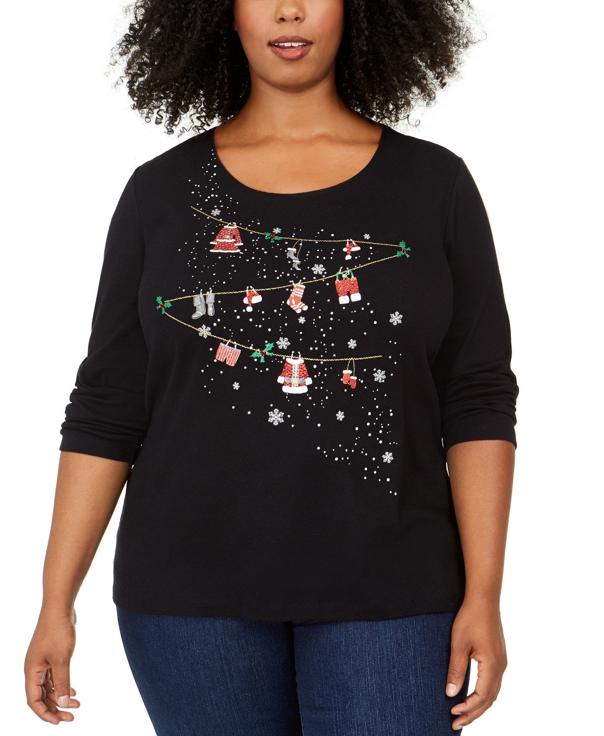 Karen Scott Women's Cotton Holiday Black Top Size Small