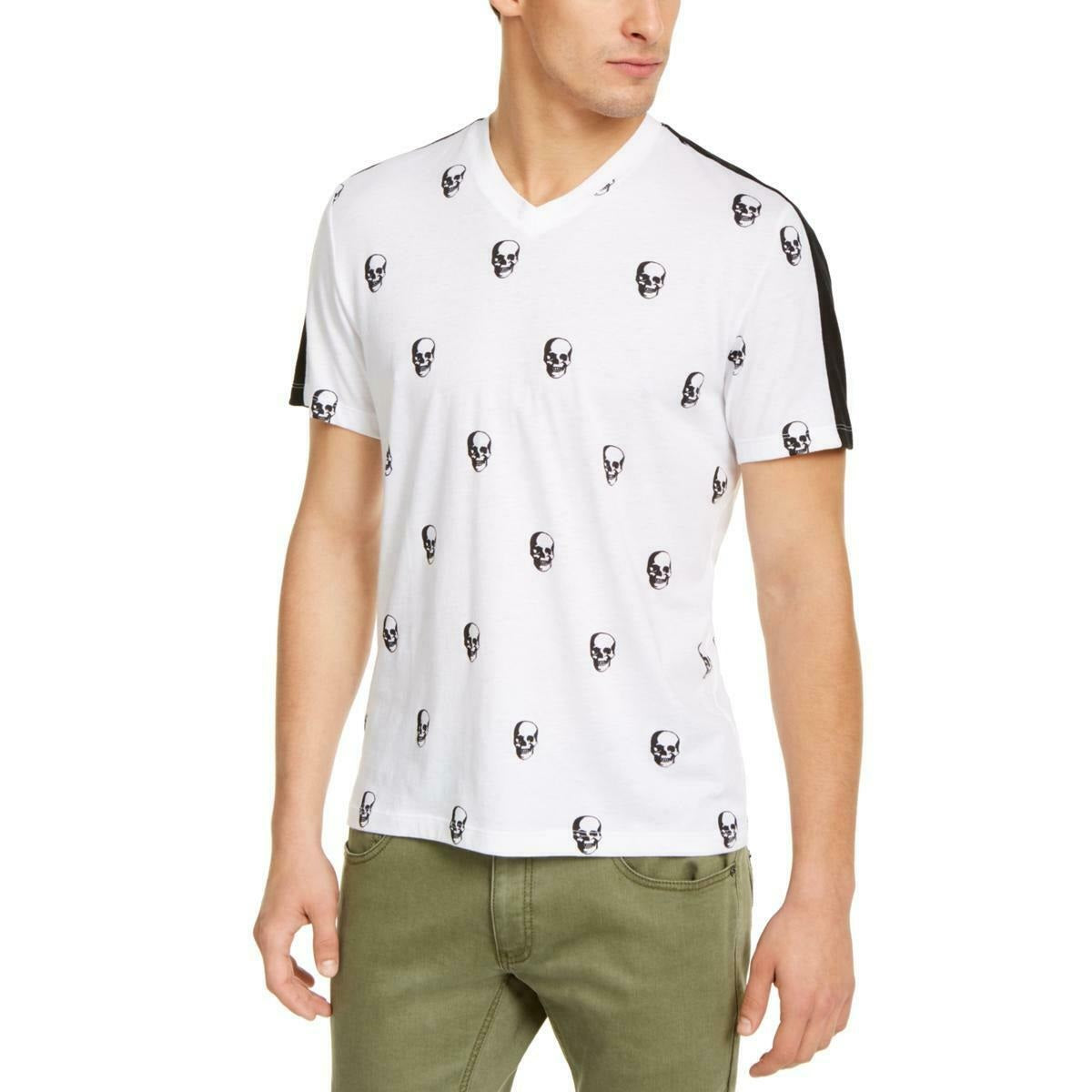 INC International Concepts Men's Skull Graphic V-Neck T-Shirt White Size Large