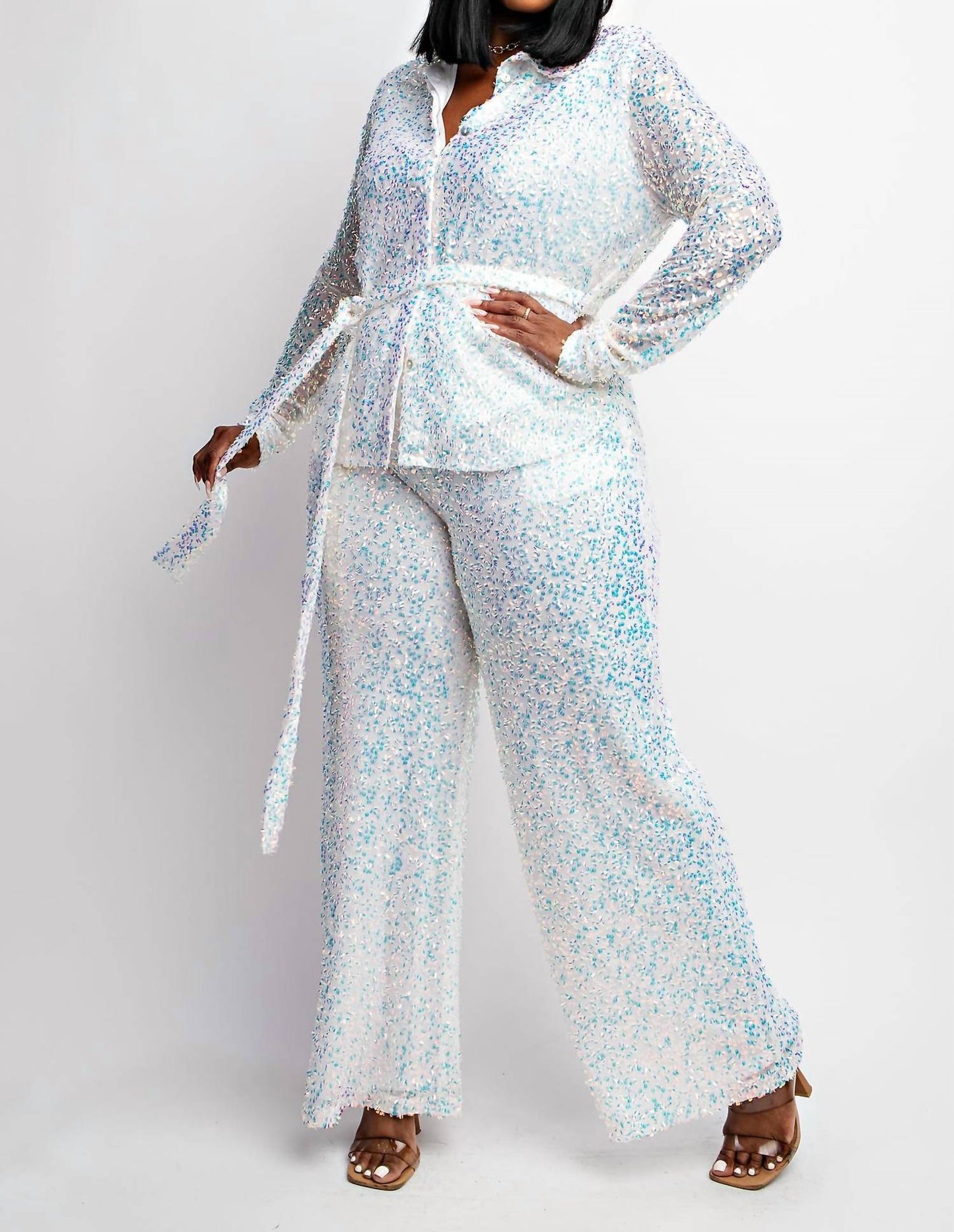 The Curve La - Plus Size Sequins Shirt And Wide-leg Pants Set