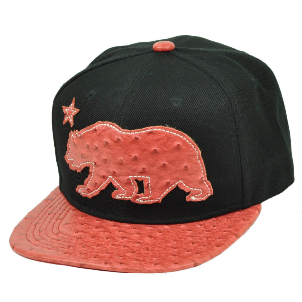 California Republic Cali Bear Flag Ostrich Flat Bill Snapback Black Red Hat Cap