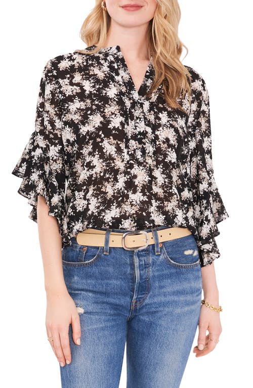 Vince Camuto Ruffle Sleeve Split Neck Blouse in Rich Black, Size X-Small