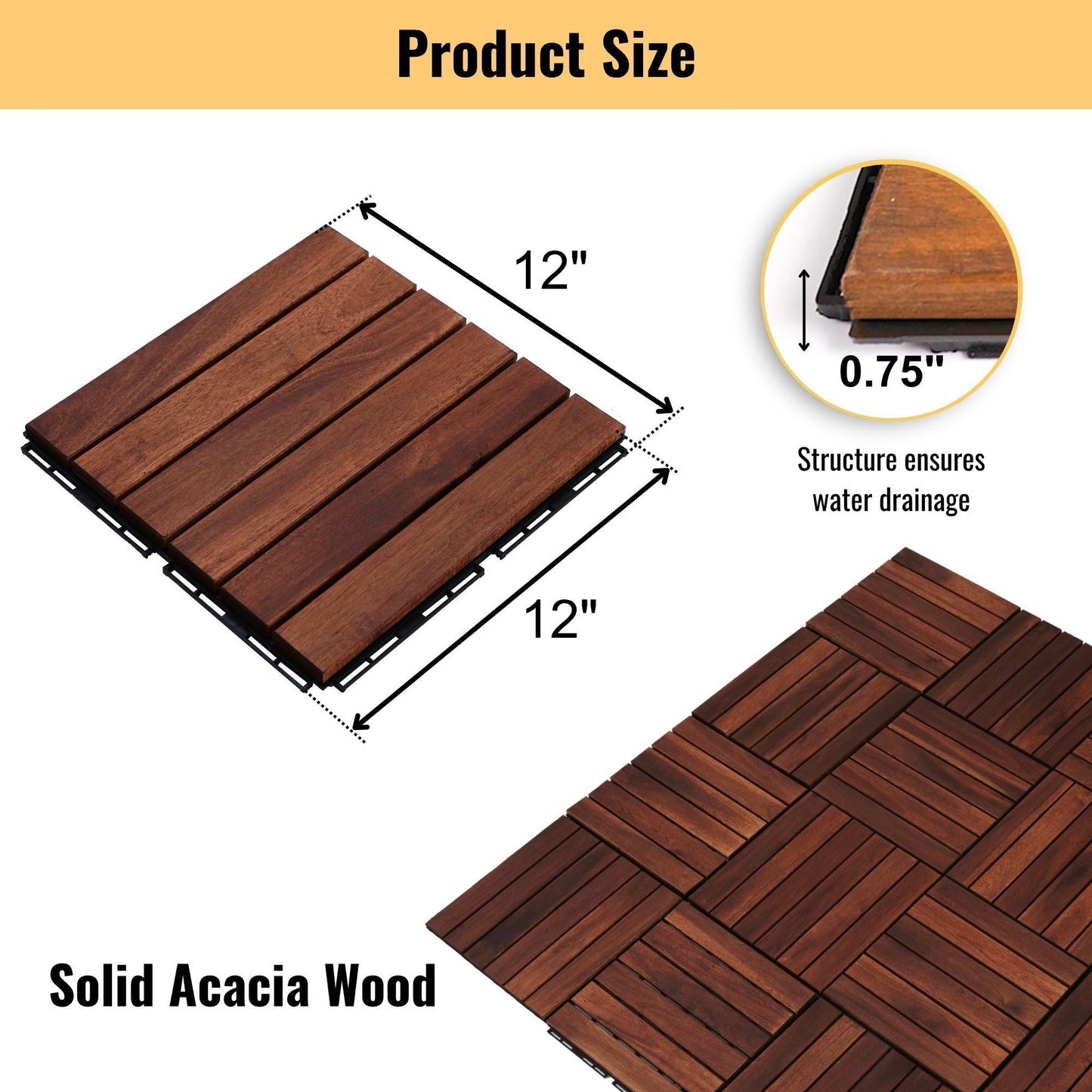 Interlocking Deck Tiles Striped Pattern Waterproof Brown