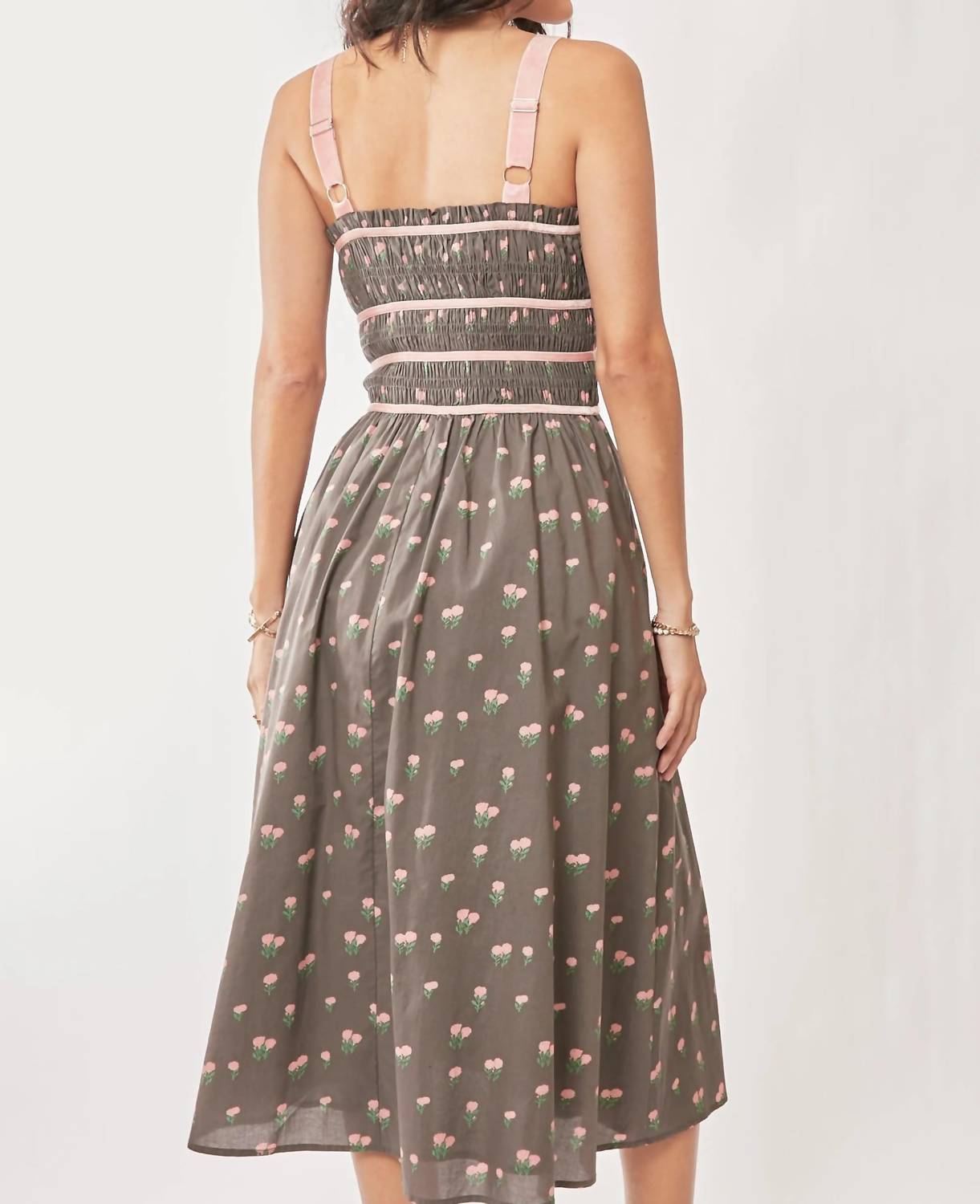 Trendsi - Davi & Dani Contrast Velvet Tape Smocking Bodice Midi Dress