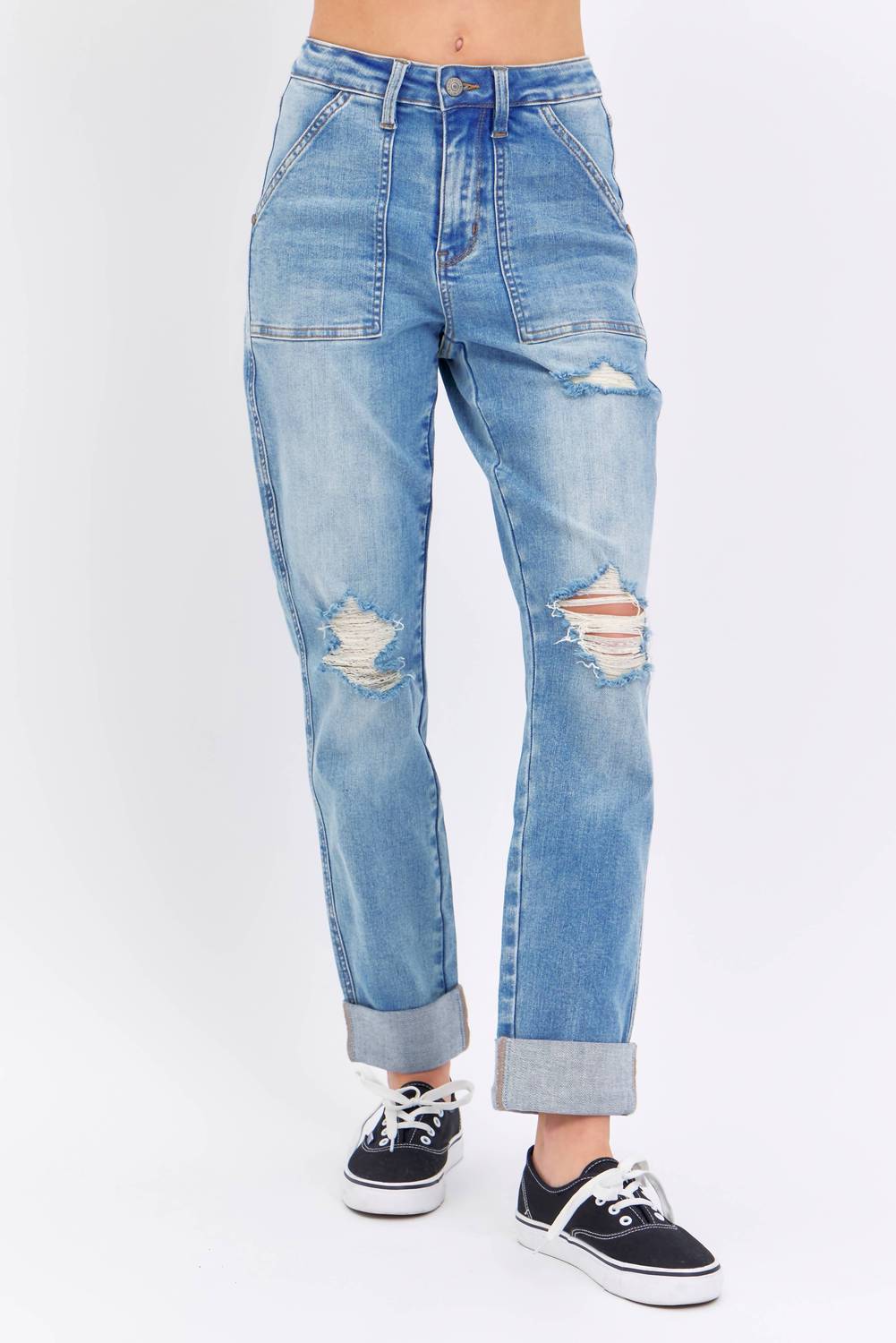 Judy Blue - High Waisted Distressed Boyfriend Jeans With Patch Pocket