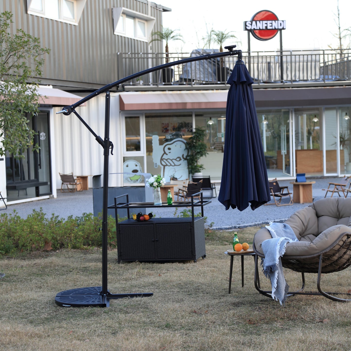 10ft Solar LED Offset Hanging Market Patio Umbrella - Navy Blue