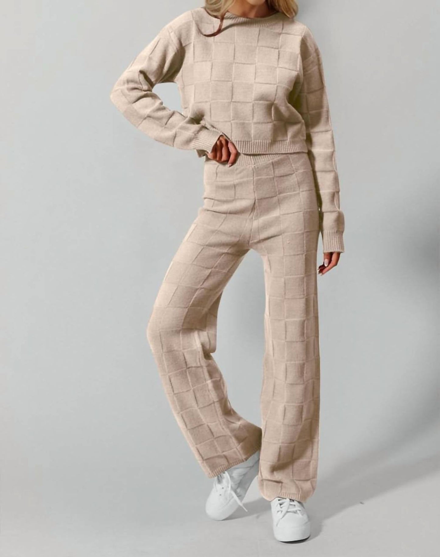 Double Take - Checkered Round Neck Top And Pants Set