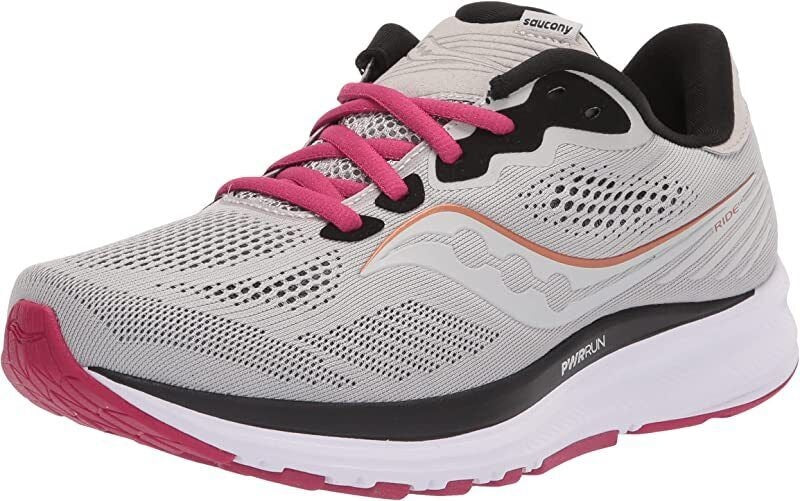 Saucony महिलाओं के लिए राइड 14 रनिंग शूज फॉग/चेरी