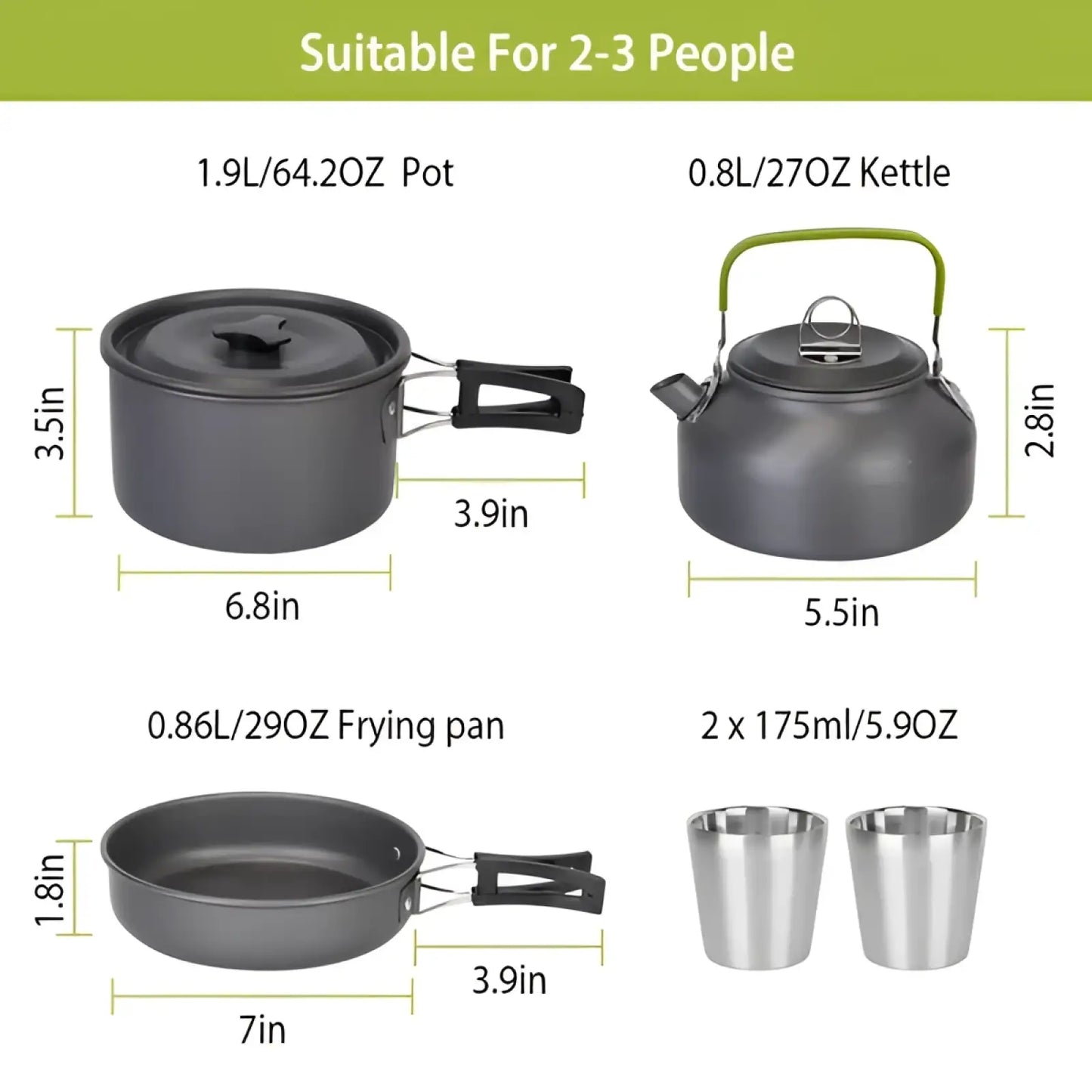 12pcs Camping Cookware Set with Aluminum Pot and Kettle