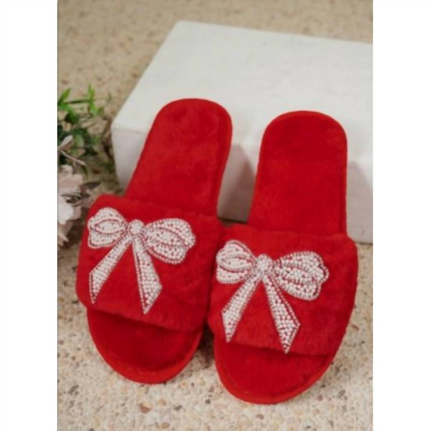 1 The Woman - Women's Plush Rhinestone Bow Slippers