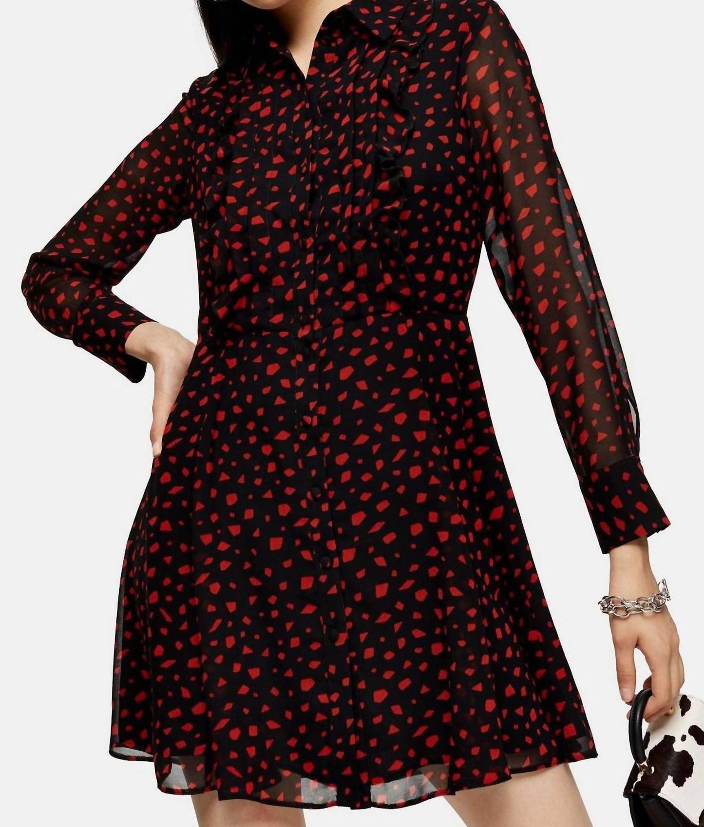 Topshop - Geometric Print Frill Button Down Mini Dress