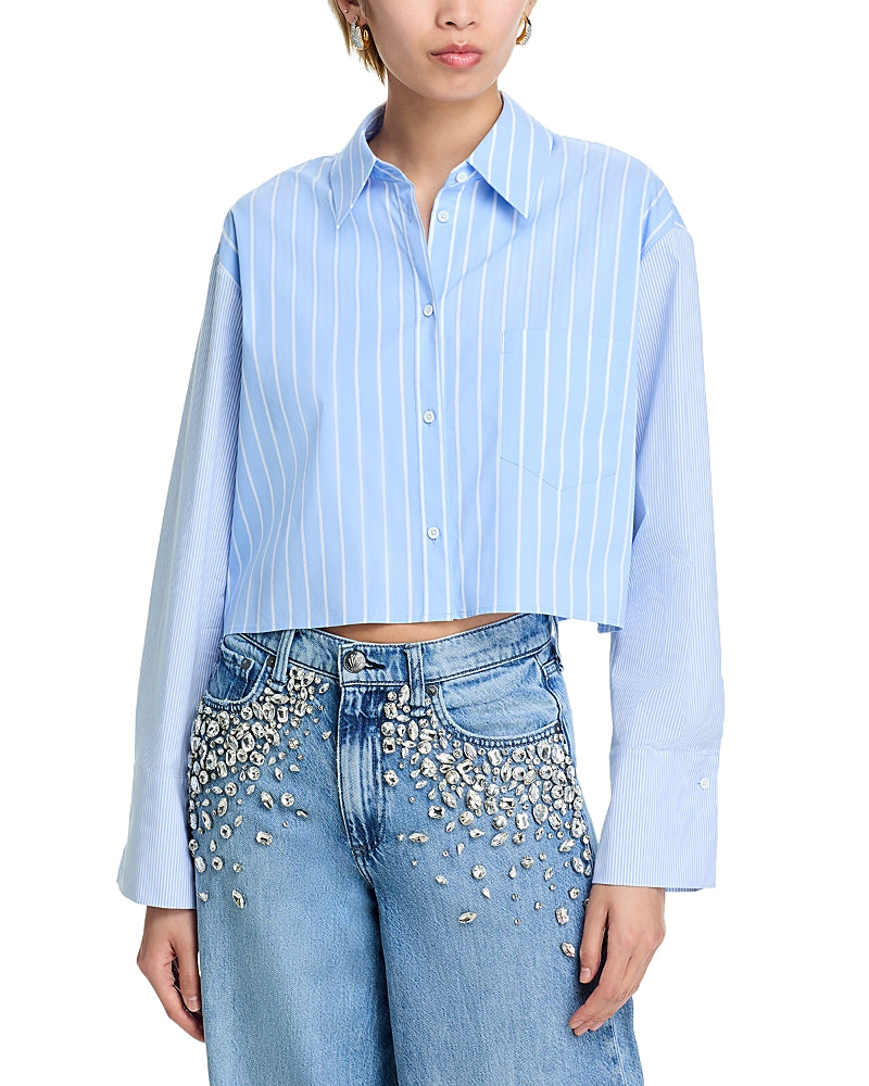 Alice and Olivia Cropped Striped Poplin Shirt