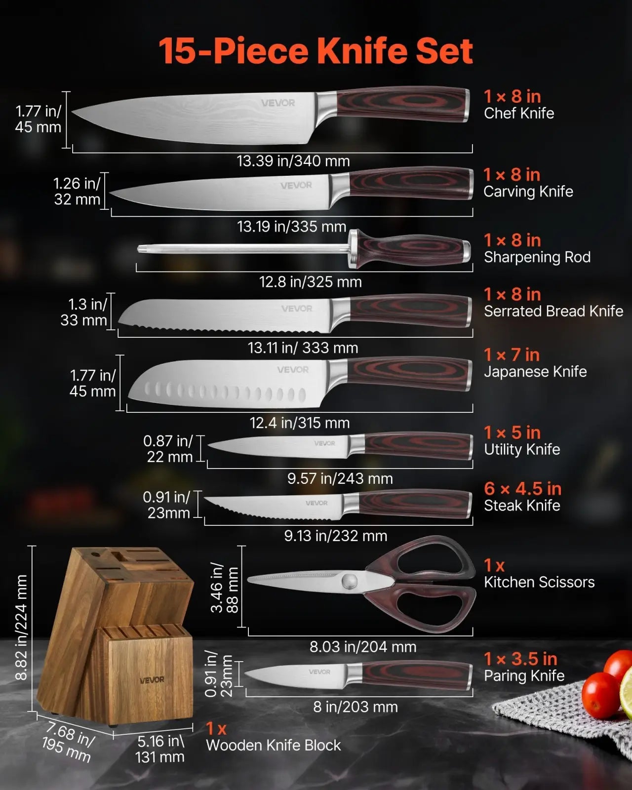 15 Piece High Carbon Stainless Steel Knife Set with Block