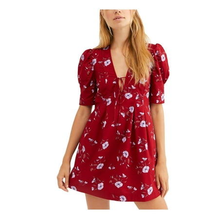 free-people-womens-red-floral-short-sleeve-mini-dress-size-m