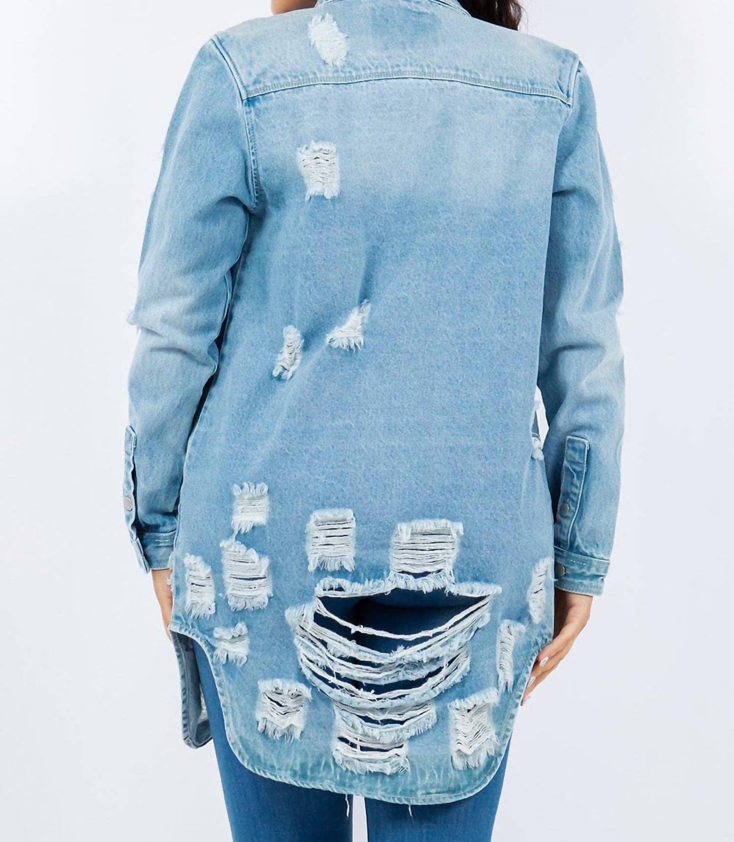 American Bazi - Distressed Button Up Long Sleeve Denim Jacket