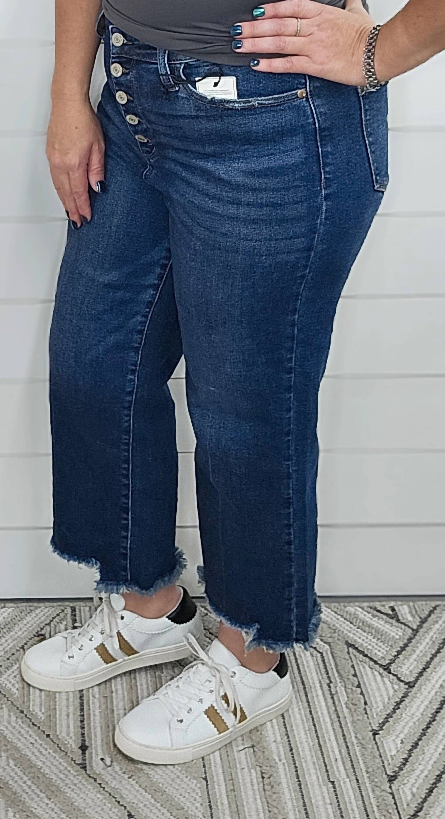 Judy Blue - Women's High Waist Button Fly Distressed Hem Crop Jeans