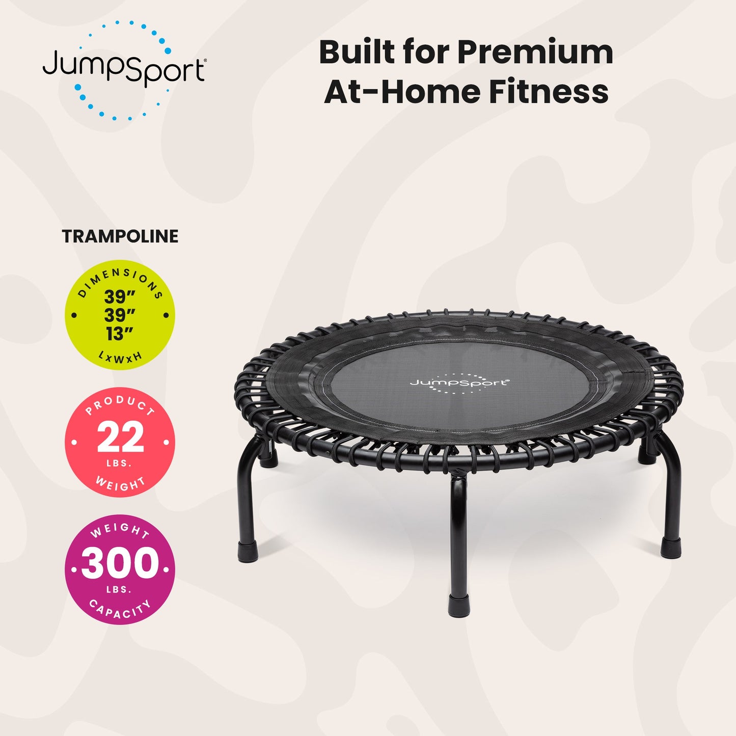 JumpSport 350 Indoor Lightweight 39" Fitness Trampoline, Black with White Frame