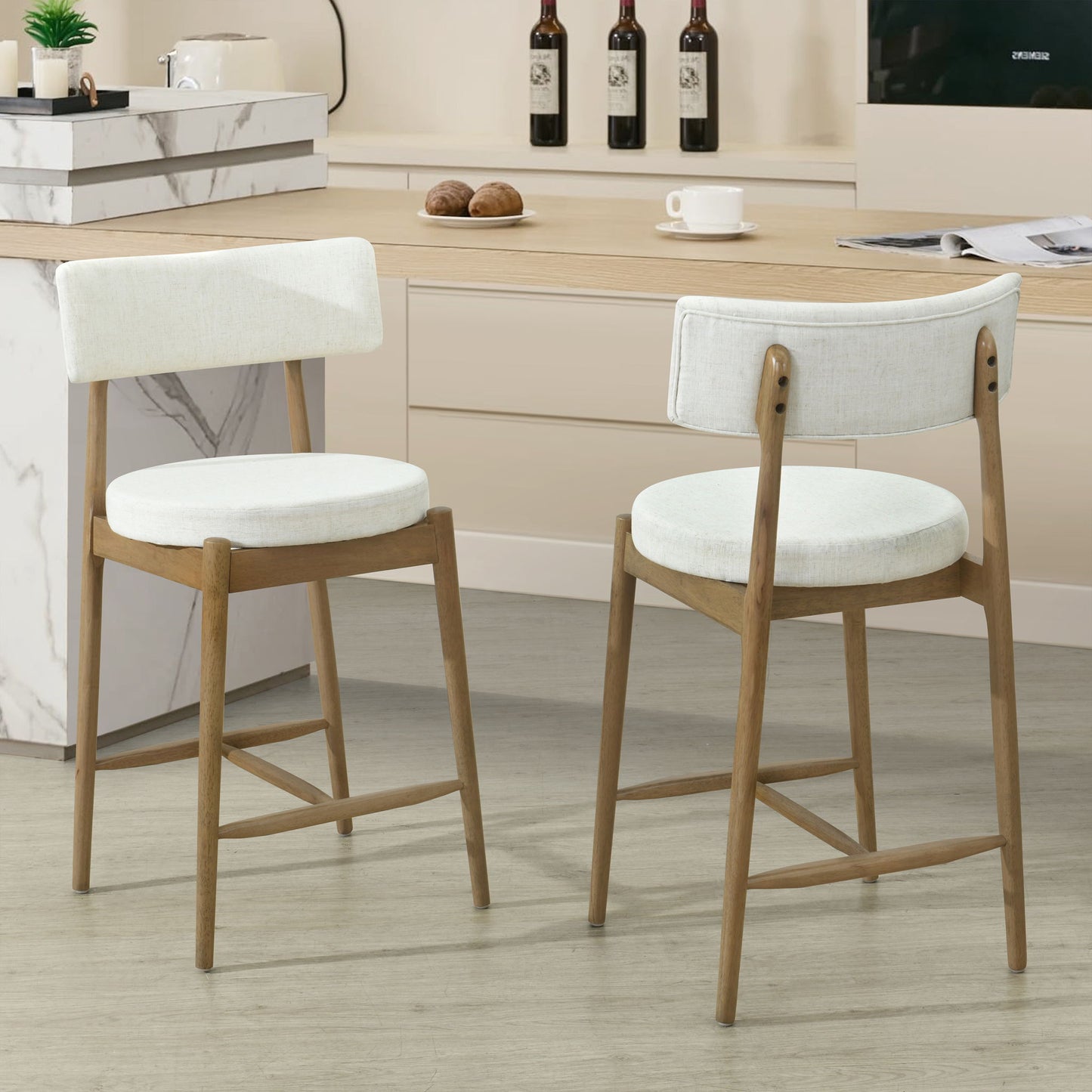 Mid Century Modern Counter Stools, Fabric Upholstered Chairs