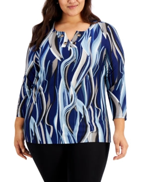 kasper-plus-size-printed-grommet-trim-blouse