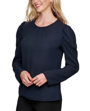 dkny-womens-navy-pleated-sheer-puff-shoulder-long-sleeve-blouse-m