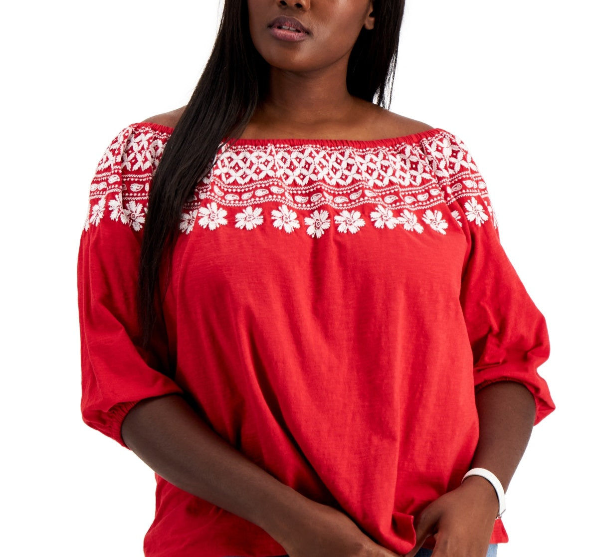 Tommy Hilfiger Women's Off The Shoulder Embroidered Top Red