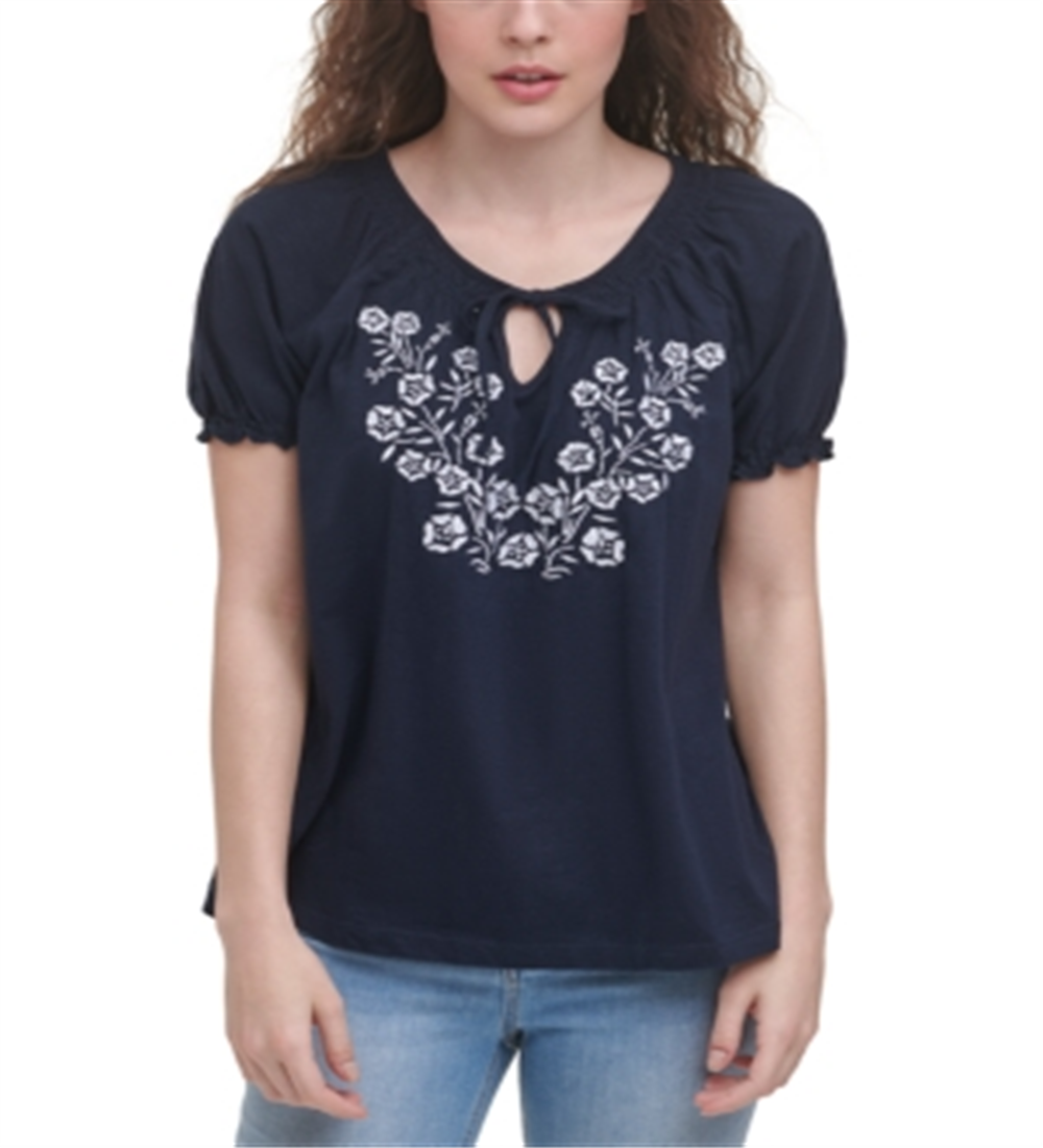 Tommy Hilfiger Women's Cotton Embroidered Peasant Top Blue Size X-Large