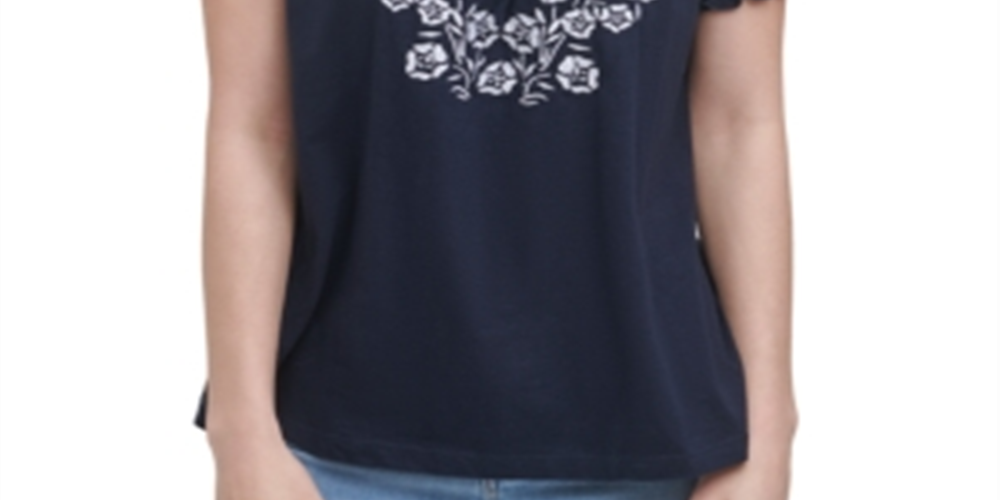Tommy Hilfiger Women's Cotton Embroidered Peasant Top Blue Size X-Large