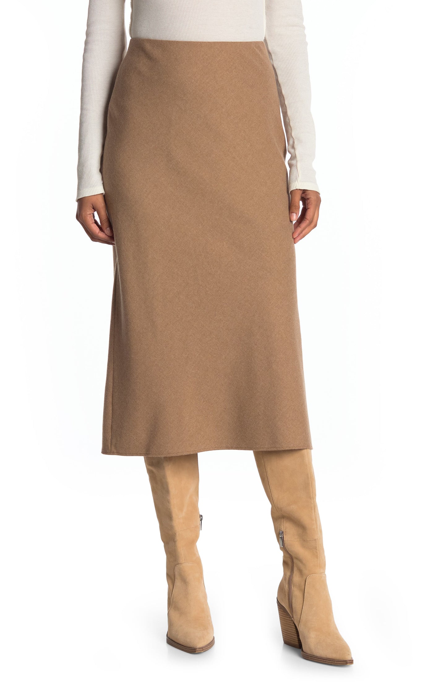 VINCE Brushed Flannel Wool Blend Midi Skirt in Dark Taupe , Size 2 Taupe