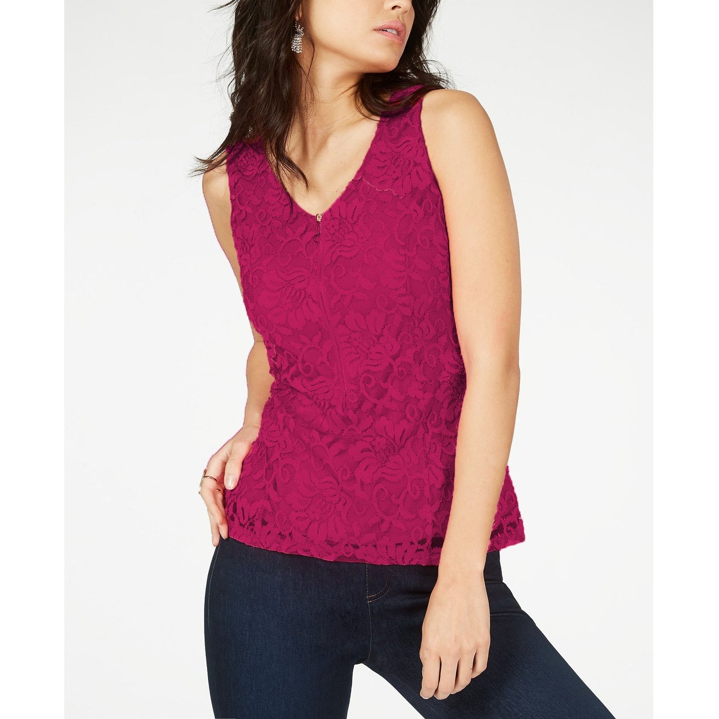 Thalia Sodi Women's Lace Zipper Front Top Pink Size Small