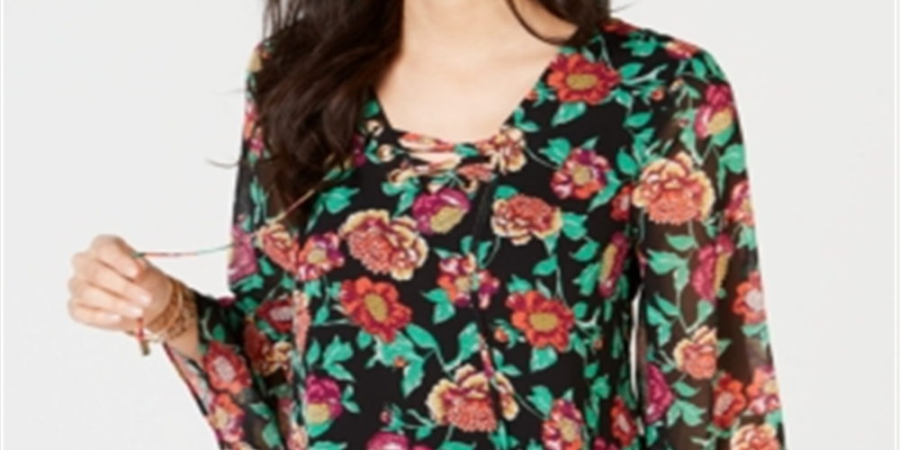 Thalia Sodi Women's Lace Up Printed Top Black Size Large