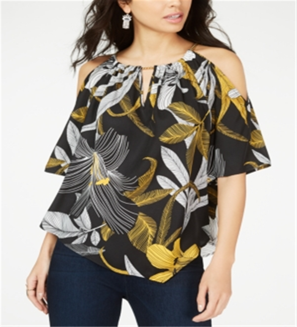 Thalia Sodi Women's Printed Cold Shoulder Top Yellow Size XX-Large