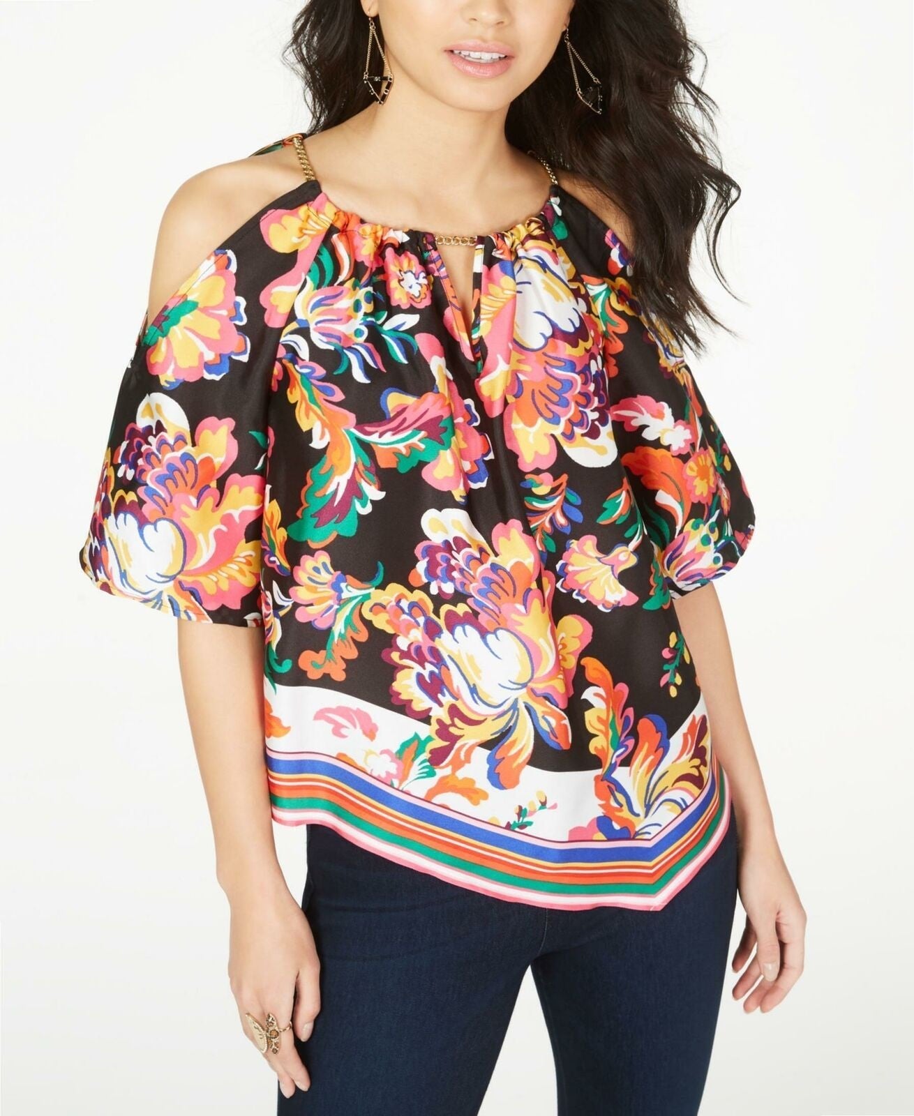 Thalia Sodi Women's Chain Neck Printed Blouse Top Black Size Medium