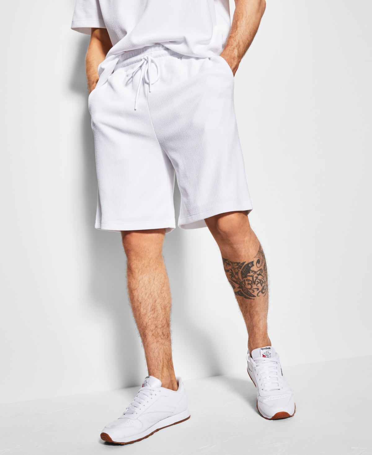 Royalty by Maluma Men's Relaxed Fit Textured Ottoman Stripe Drawstring Shorts White