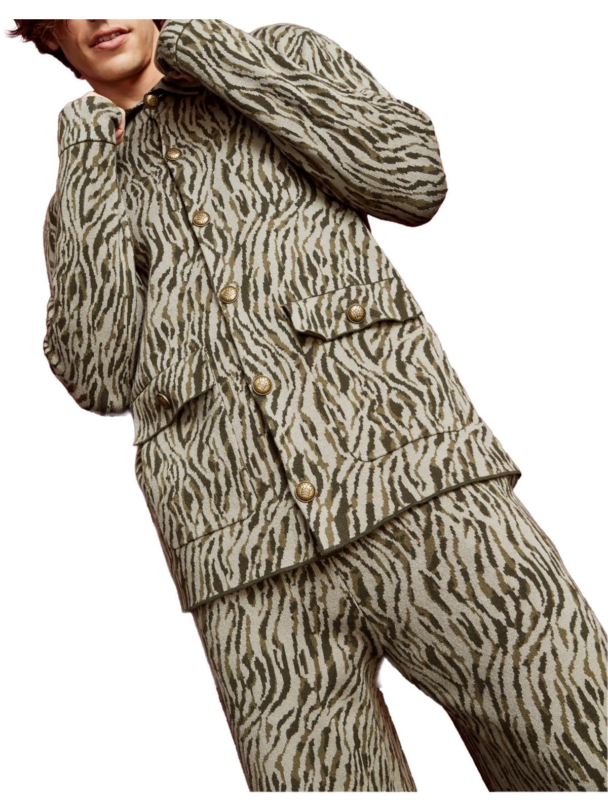 Royalty by Maluma Men's Relaxed Fit Jacquard Sweater Jacket Beige Size X-Large