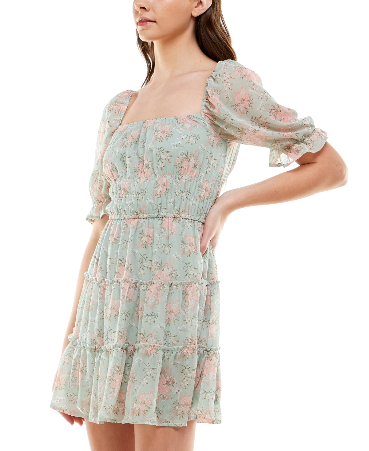 Trixxi Junior's Floral Print Tiered Dress Green Size Medium