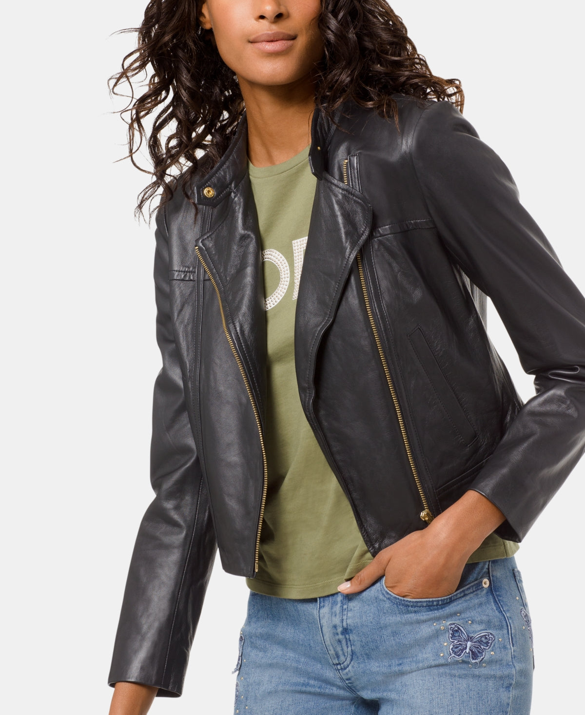 Michael Kors Women's Leather Moto Jacket Black Size Petite Medium