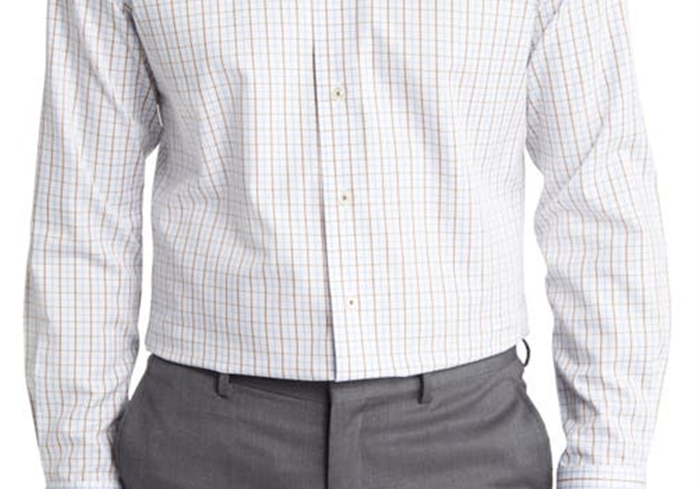 David Donahue Trim Fit Non-Iron Cotton Dress Shirt In White/Brown/Blue