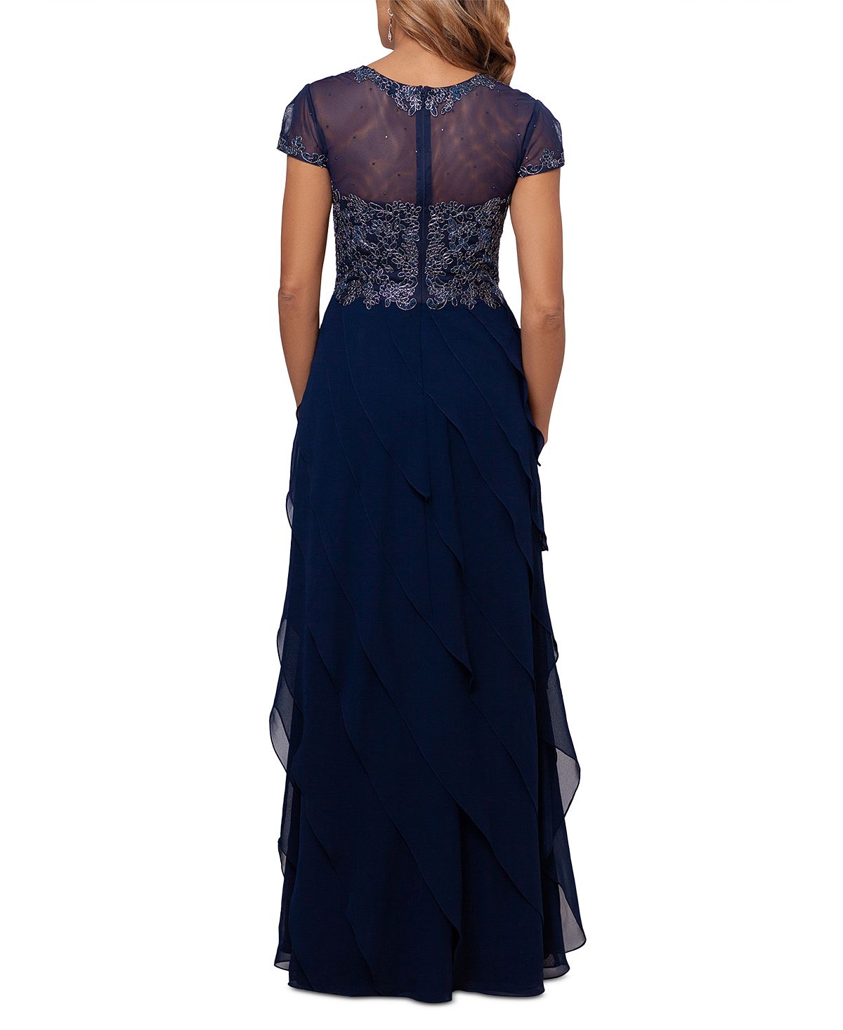 XSCAPE Women's Embroidered Bodice Ruffled Skirt Dress Blue Size 8