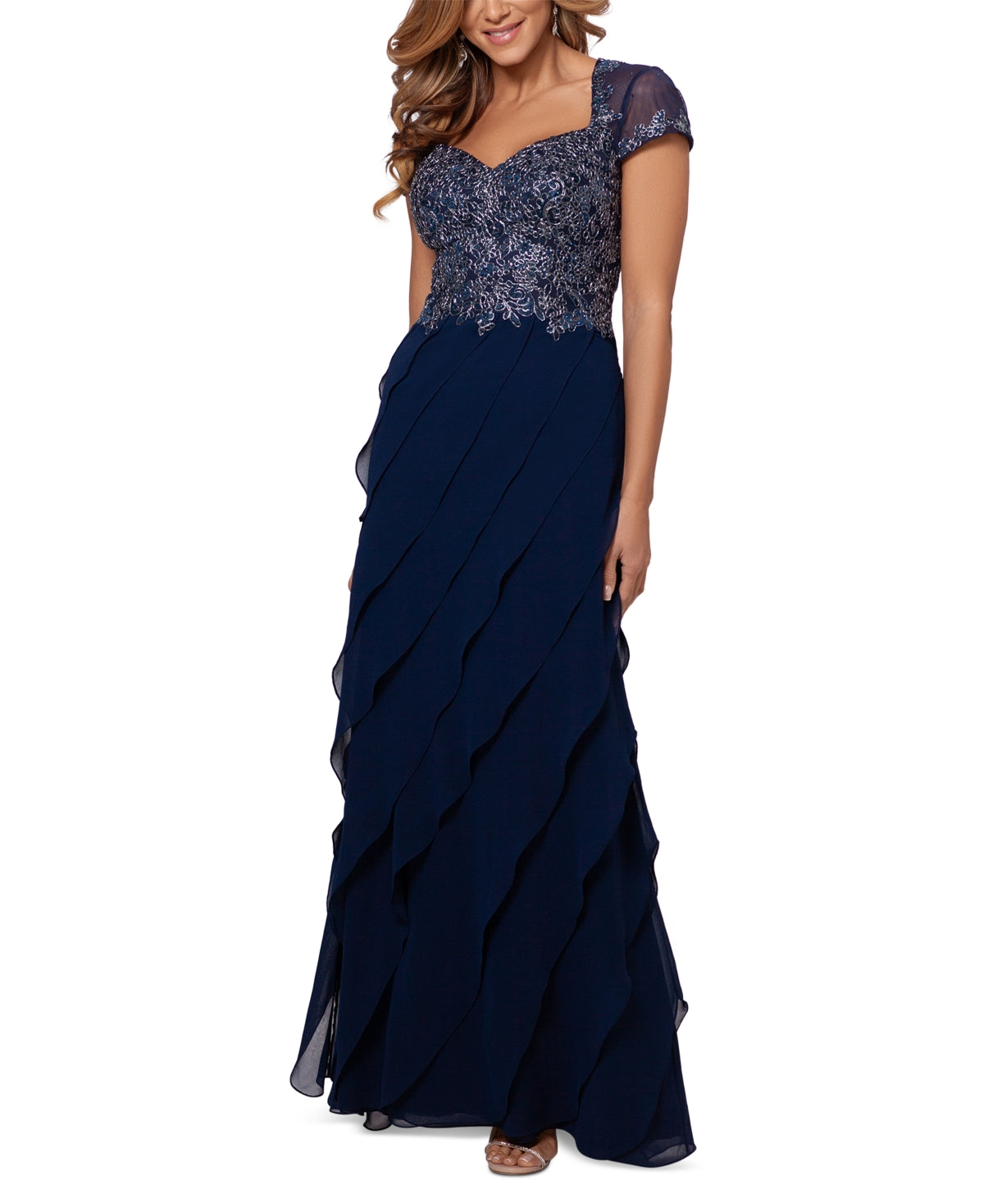 XSCAPE Women's Embroidered Bodice Ruffled Skirt Dress Blue Size 8