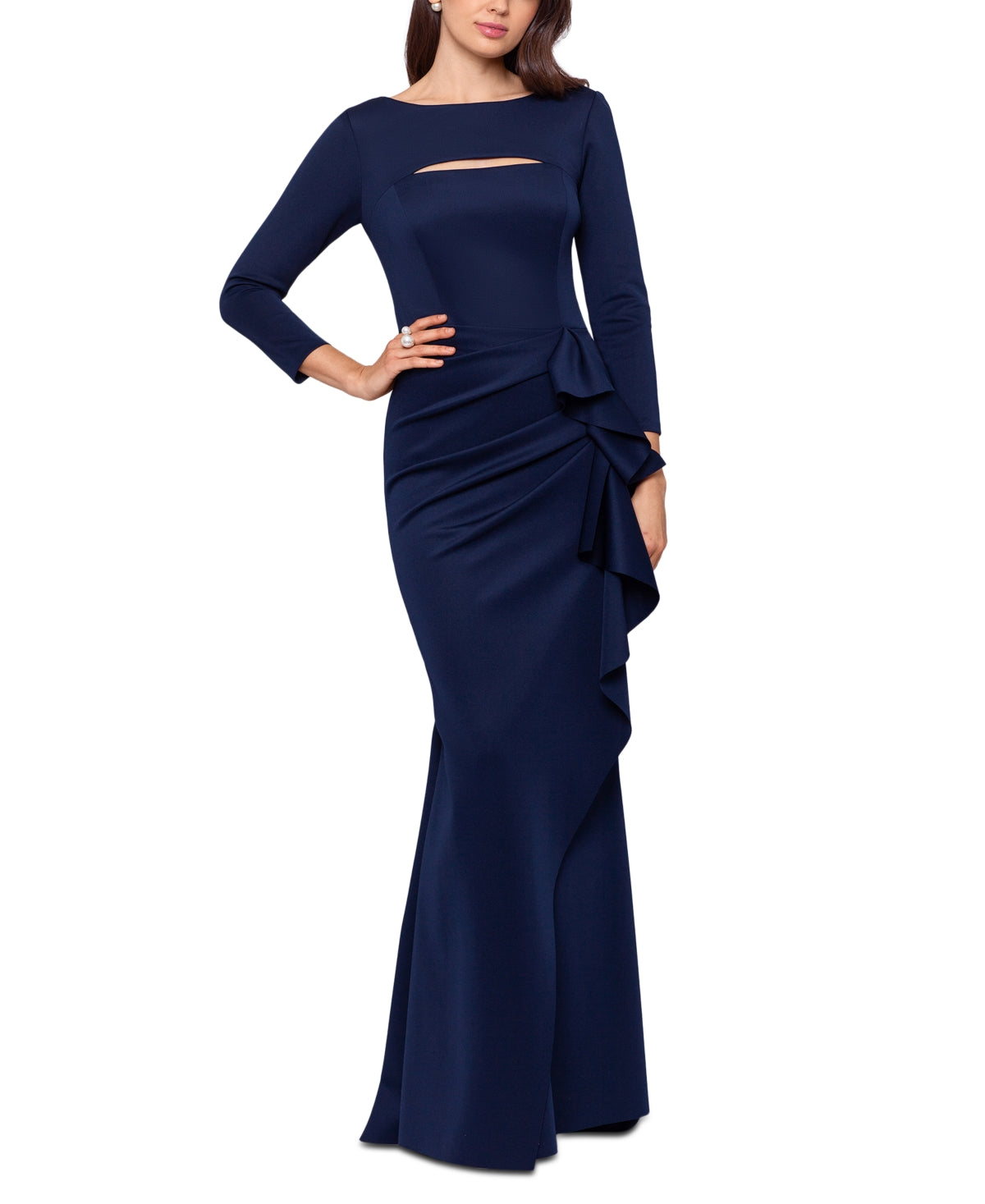 XSCAPE Women's Scuba Cutout Detail Ruffled Fit & Flare Gown Blue Size 16